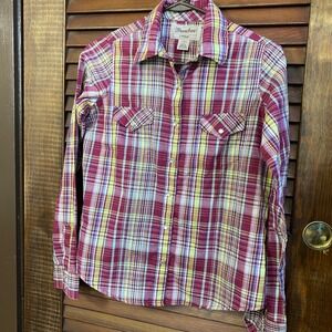 Wrangler Rancher Women's Shirt Size M Pearl Snap Red Blue Plaid Long Sleeve